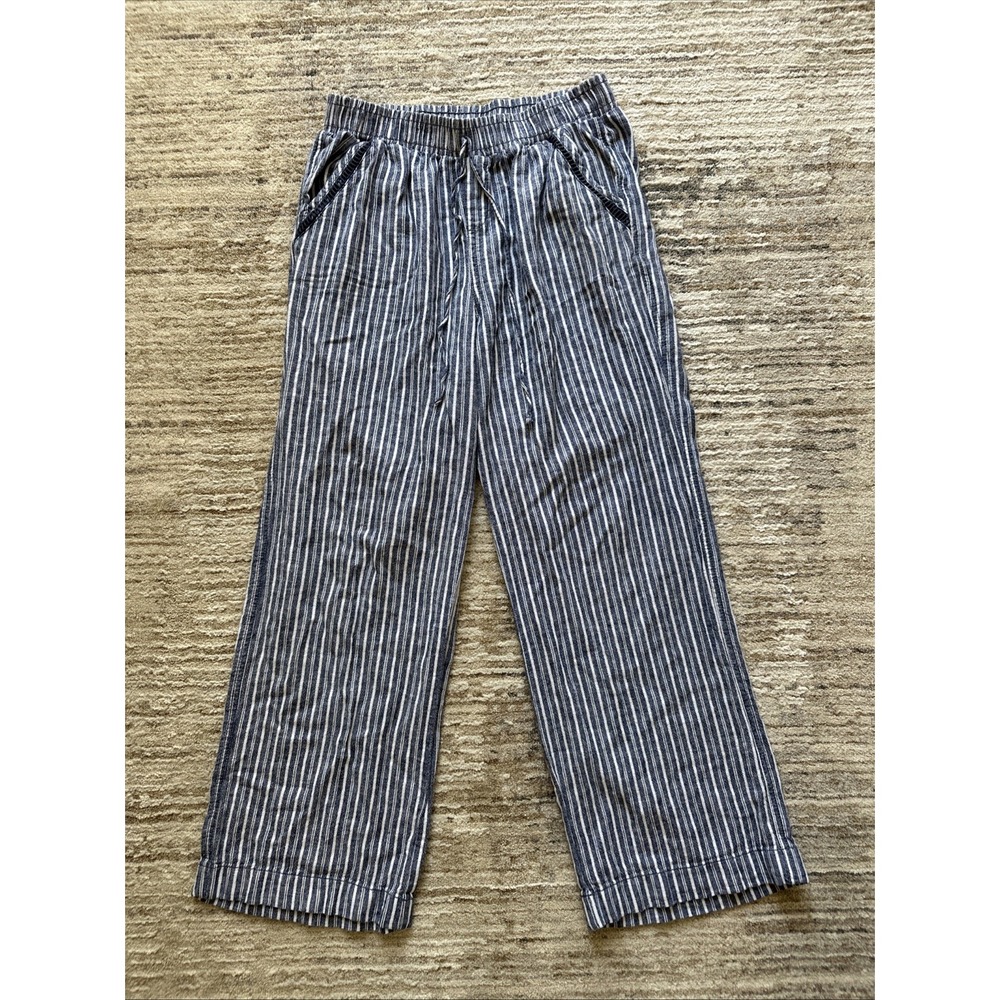 Briggs Pants Womens Medium Blue Striped Linen Blend Boho Wide Leg Summer Beachy